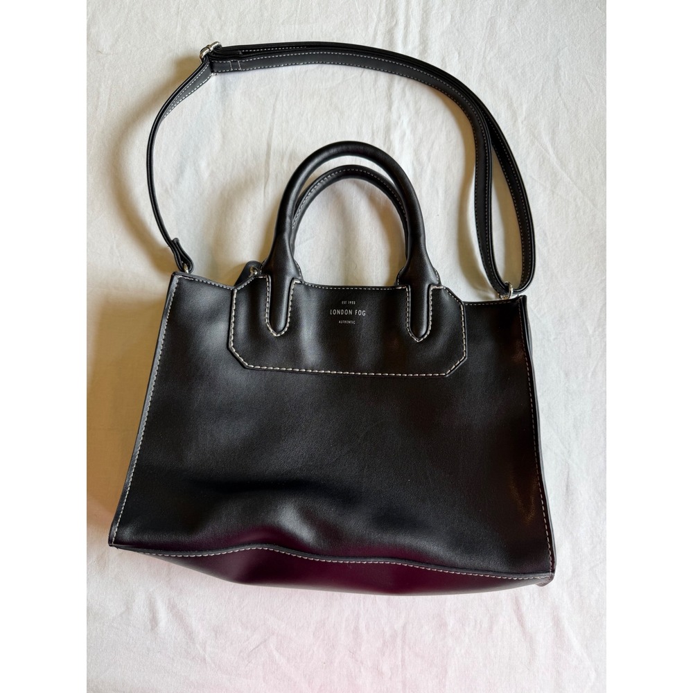 London Fog Black Faux Leather Satchel Crossbody Bag White Contrast Stitching